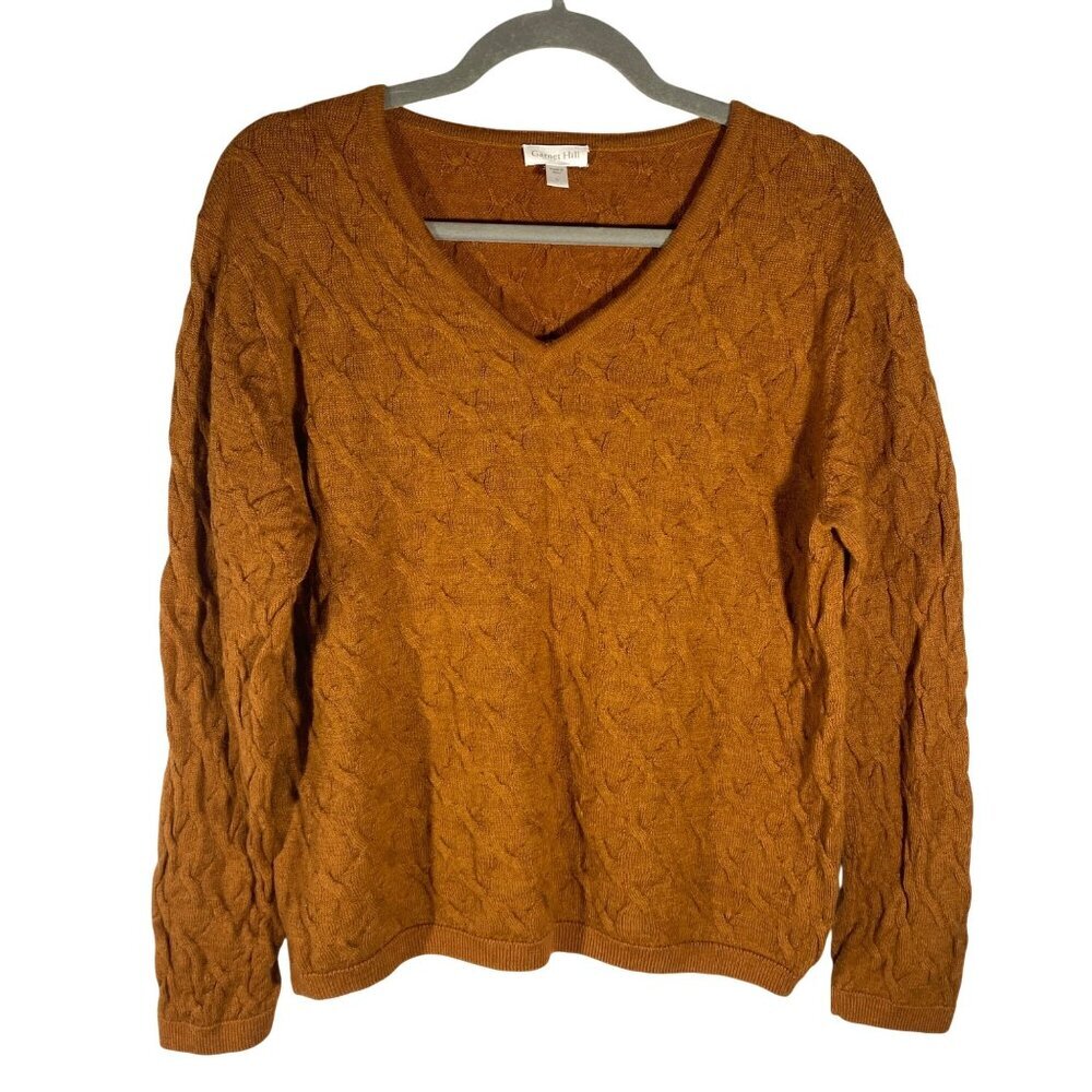 Garnet Hill fitted V neck soft Cable Knit Sweater L Baby Alpaca & Pima Cotton